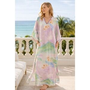 Natori Floral Caftan Lounger Nightgown Pink Green Silky Satin House Dress Pocket